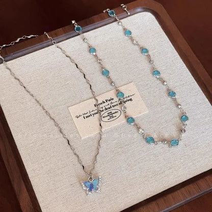 LATS Colar Feminino de Borboleta Cristal Azul Romântico Simples Brilhante Zircônia Camada Dupla Gargantilha Corrente Clavícula Nova Joia Fina