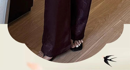 Plus Size Acetate Wide Leg Pants Women's Spring Autumn National Style Print High Waist Slimming Drapey Cool Large Size Women'...