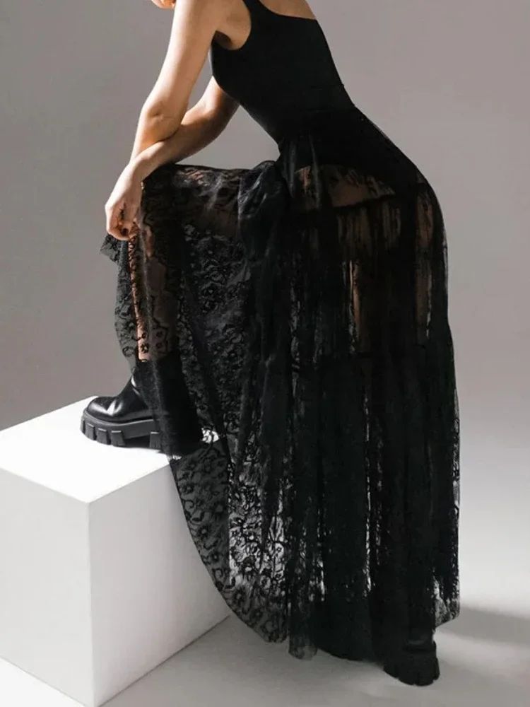 Lace Jacquard Transperant Skirt Women Summer New High Waist Sexy Casual Long Skirts 2025 Streetwear Fashion Black Maxi Skirt