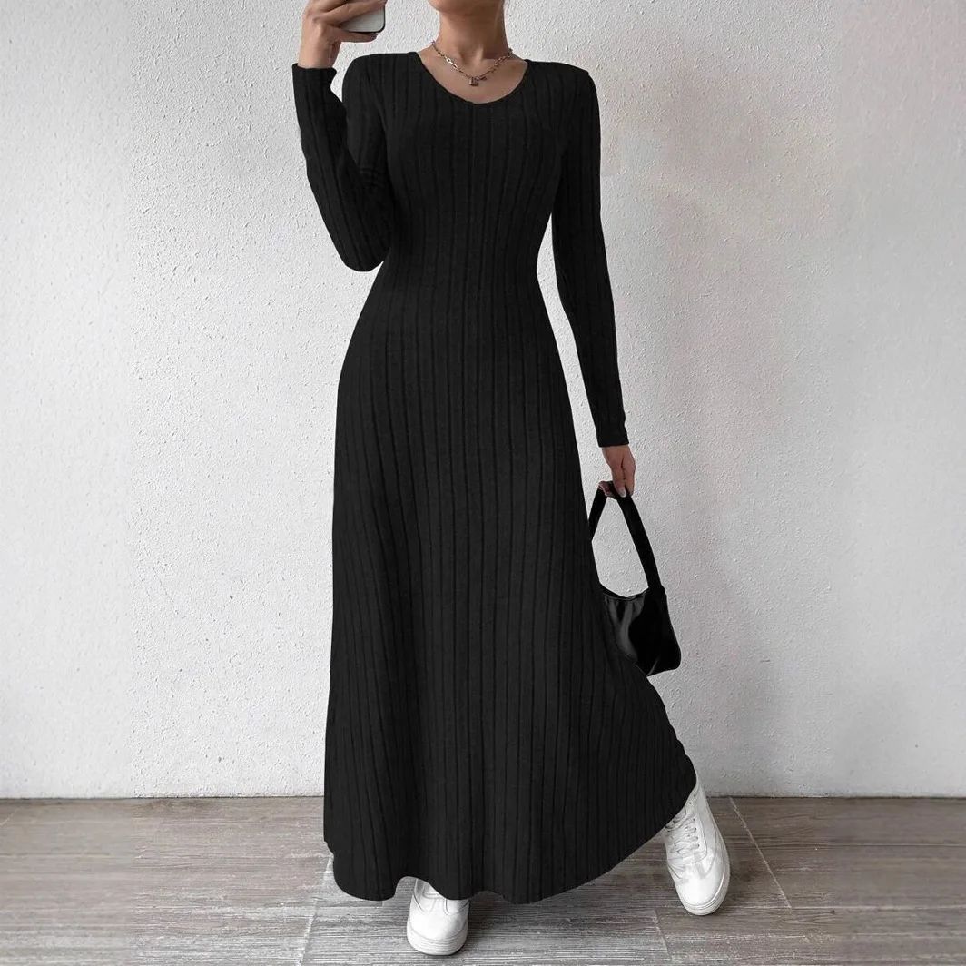 Fashionable Knitted Long Sleeve A- Line Streetwear Dress For Women Smooths And Slims Your Silhouette Solid Color Long Dress