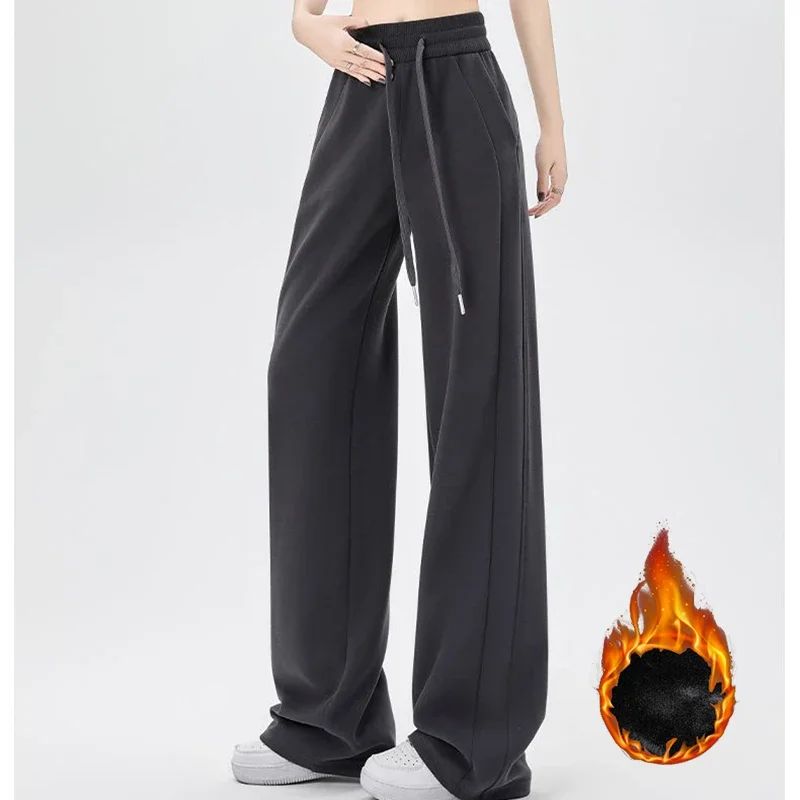 2024 Winter Girls Pants Snow Warm Solid Fleece Sweatpants Lady Korean Style Thicken Thermal High Waisted Straight Leg Trousers