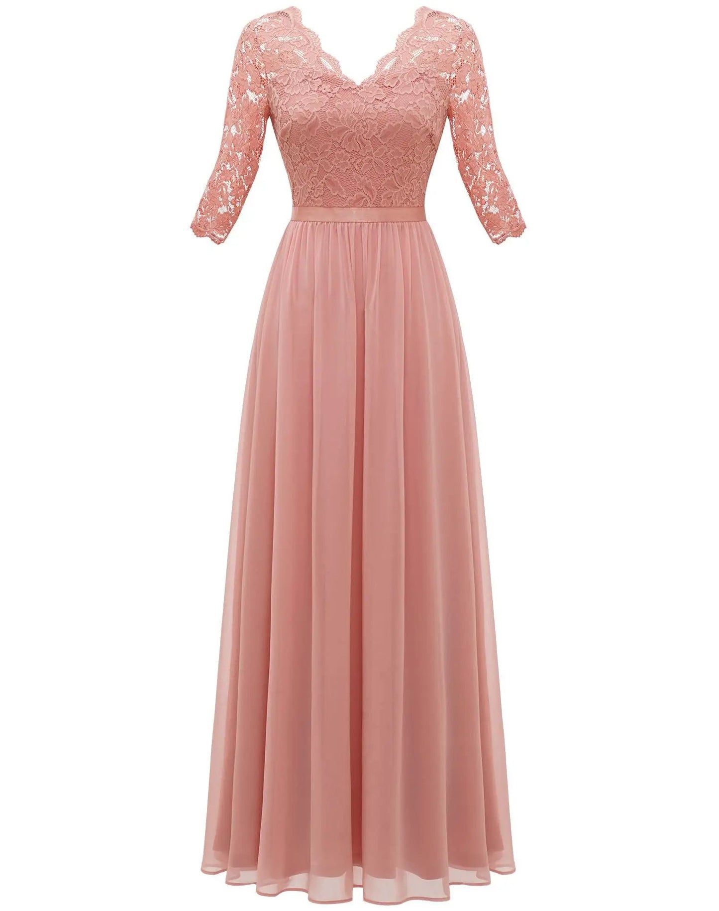 New 6-Color 5-Size Lace Splicing Long Waist-Cinching Elegant Dress Floor-Length V-Neck Polyester Fiber Evening Gown Dress