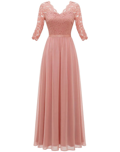 New 6-Color 5-Size Lace Splicing Long Waist-Cinching Elegant Dress Floor-Length V-Neck Polyester Fiber Evening Gown Dress