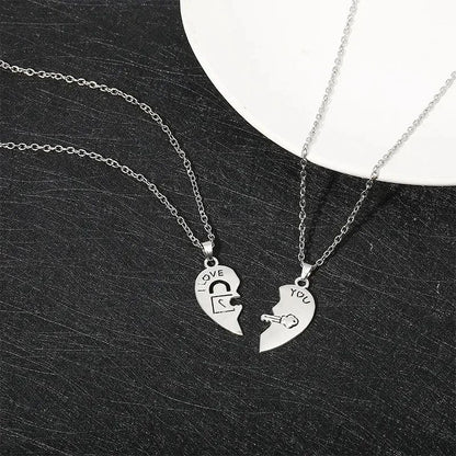 2 Colares para Casal com Pingente de Quebra-Cabeça de Coração "I Love You" com Chave e Cadeado para Namorados, Presente de Dia dos Namorados