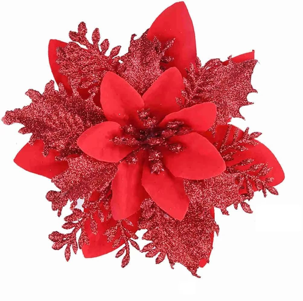 1/5/10pcs Sparkling Red Golden Silver Poinsettia Artificial Flowers Christmas Tree Ornaments for Xmas New Year party Decoration