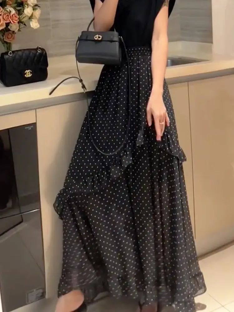 Plus Size Black Polka Dot Print Asymmetrical Hem Loose Women's Skirt Summer New Fashion Design Sense Midi Skirt Large Size Ha...