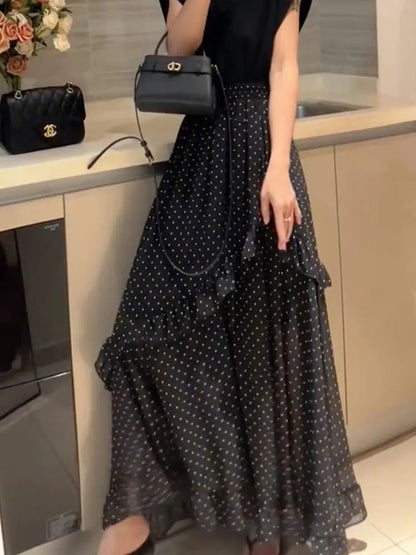 Plus Size Black Polka Dot Print Asymmetrical Hem Loose Women's Skirt Summer New Fashion Design Sense Midi Skirt Large Size Ha...