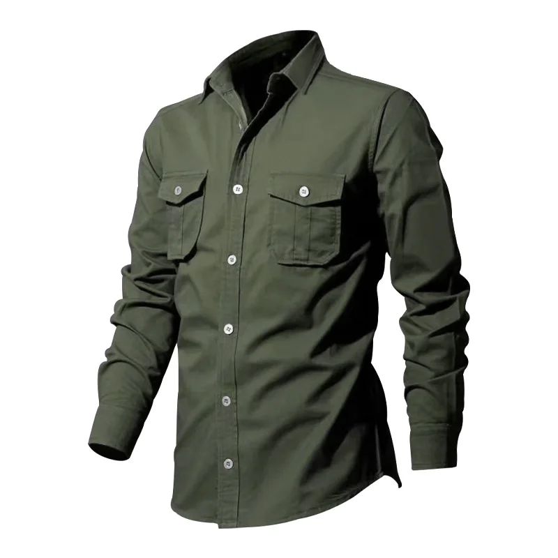 Army Green Tactical Cargo Shirts For Men Chest Two Pockets Long Sleeve Mens T-Shirt 2024 Trend Casual Loose Shirt Chemise Hombre