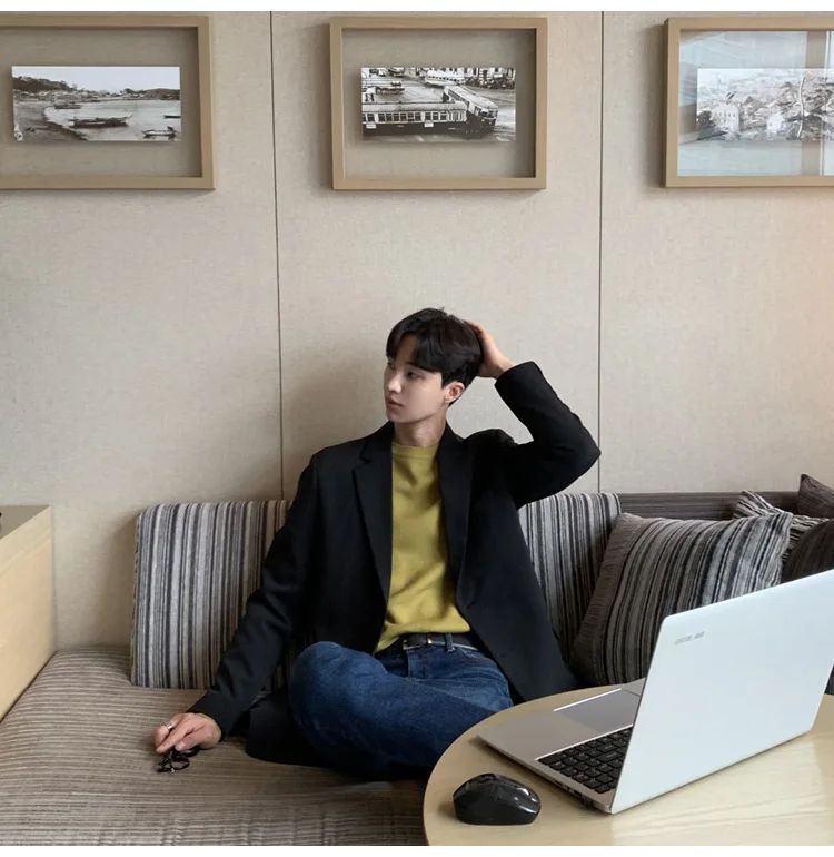 Korean Men's Casual Blazer Western-style Loose-fit Black Single-breasted Jacket Autumn Trendy Dongdaemun Style Clothes