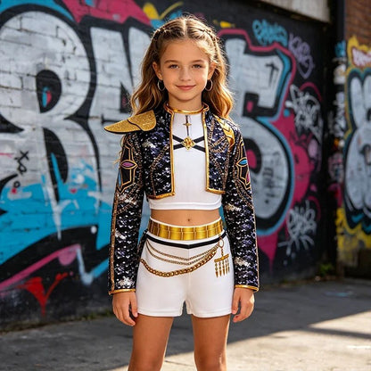 Girls Black?Gold 3D Printed Jacket Shorts Cosplay Set Kids Outfit for Stage Show Birthday Party Halloween Carnival Dress?Up
