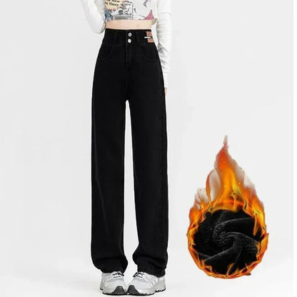 New Woman Korean Double Buckle Design Jeans Female Winter Snow Warm Thermal Plush Pants Girls Popular High Waist Denim Trousers