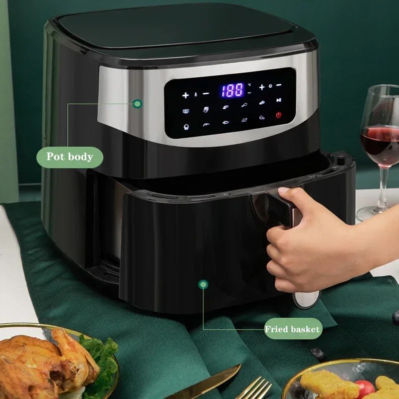 Atualizar Fritadeira Elétrica Doméstica de 1600W, 8L, com Painel Touch Screen, Capacidade para Pizza, Fritadeira sem Óleo e sem Sal, Panela Elétrica Touch Screen