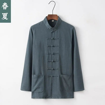 Spring Summer Long Sleeve Thin Men's Shirt Tang Suit Bamboo Cotton Linen Casual Vintage Chinese Style Kung Fu Tai Chi Tea Shirt