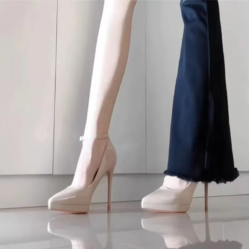 Sapatos femininos com salto agulha super alto de 11cm, corrente de pérolas, tira no tornozelo, bico fino, tamanho grande, sapatos de escritório de couro