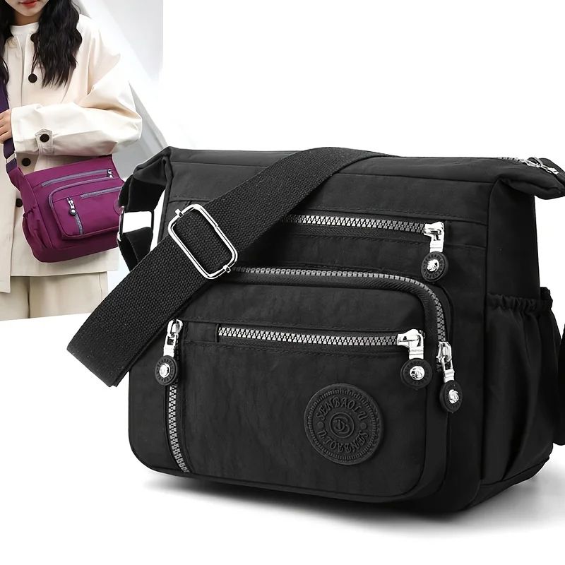 Waterproof Nylon Crossbody Bag, Multiple Pockets & Zipper Closure, Stylish Casual Shoulder Bag for Travel, Everyday Use