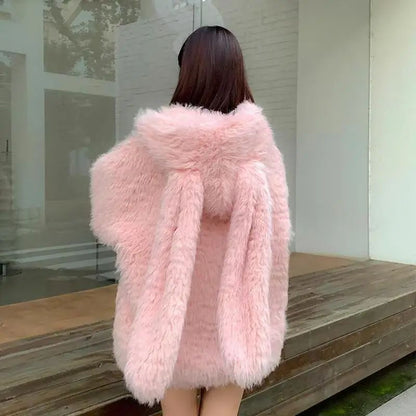 Women's Faux Lamb Fur Coat Thickened Loose Jacket Cute Rabbit Ears Autumn Winter New Arrival Warm Soft Outerwear
