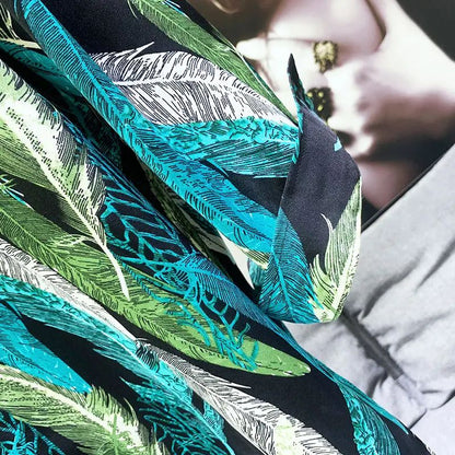 Retro Feather Print Quarter-sleeved Shirt Men's New Korean Style Slim Design Niche Mid-sleeved Floral Shirt