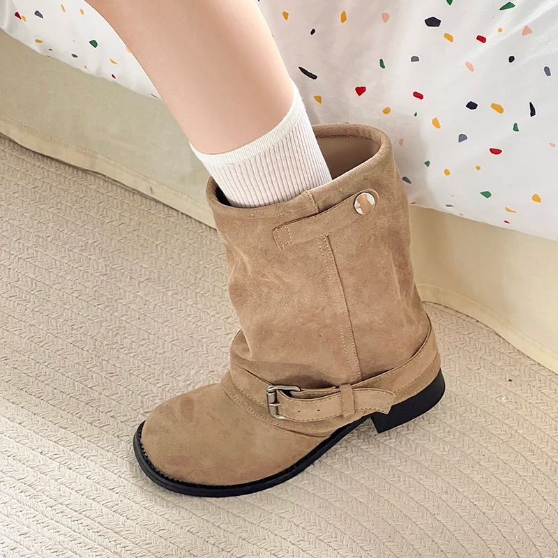 Vintage Thick Heel Women Western Cowboy Boots Fashion Belt Buckle Slip On Shoes Ladies Pleated Short Booties Autumn Winter
