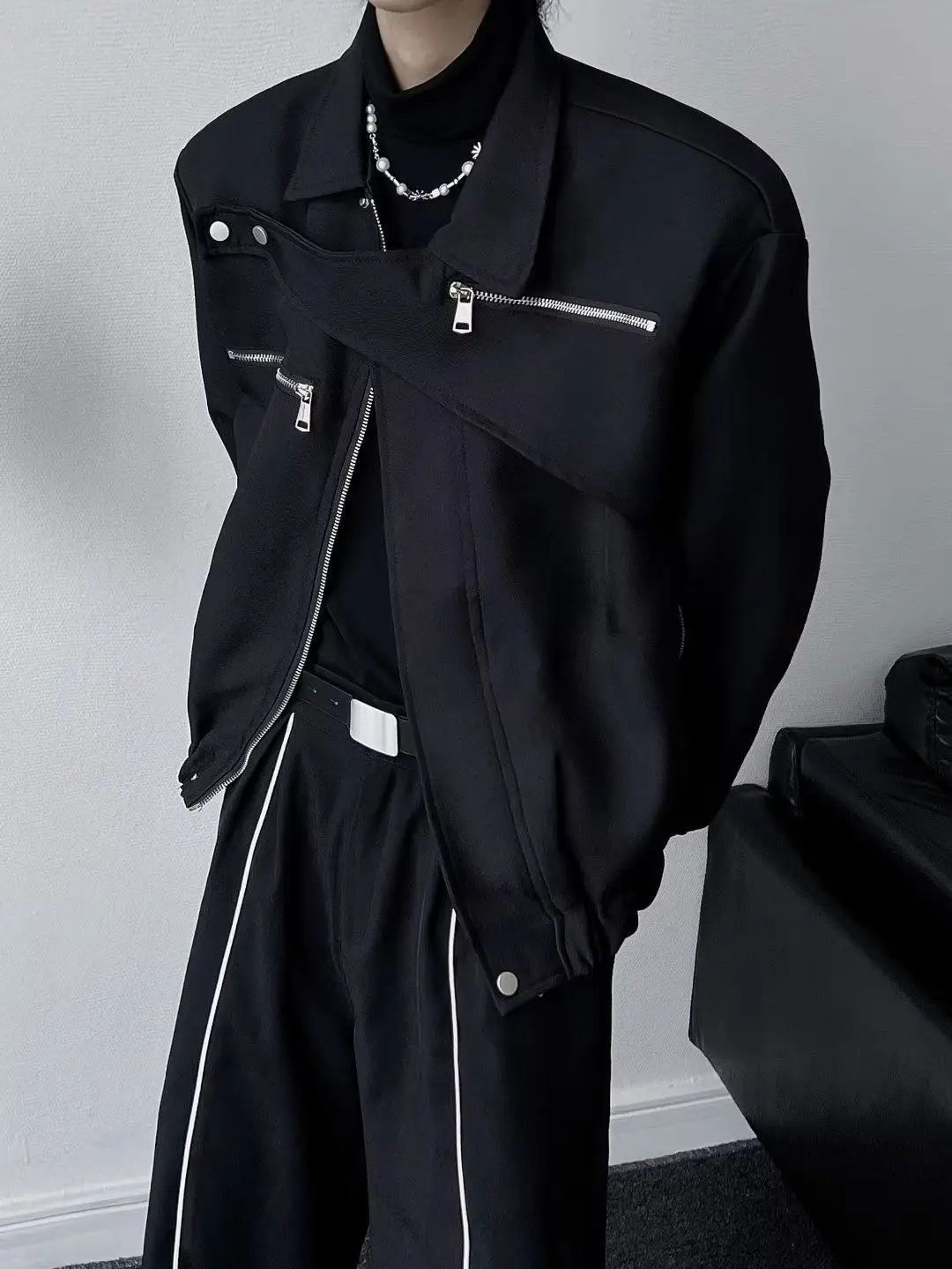 Yamamoto Dark Style Asymmetrical Design Short Lapel Zipper Deconstruction High-end Flying Jacket Jacket for Men