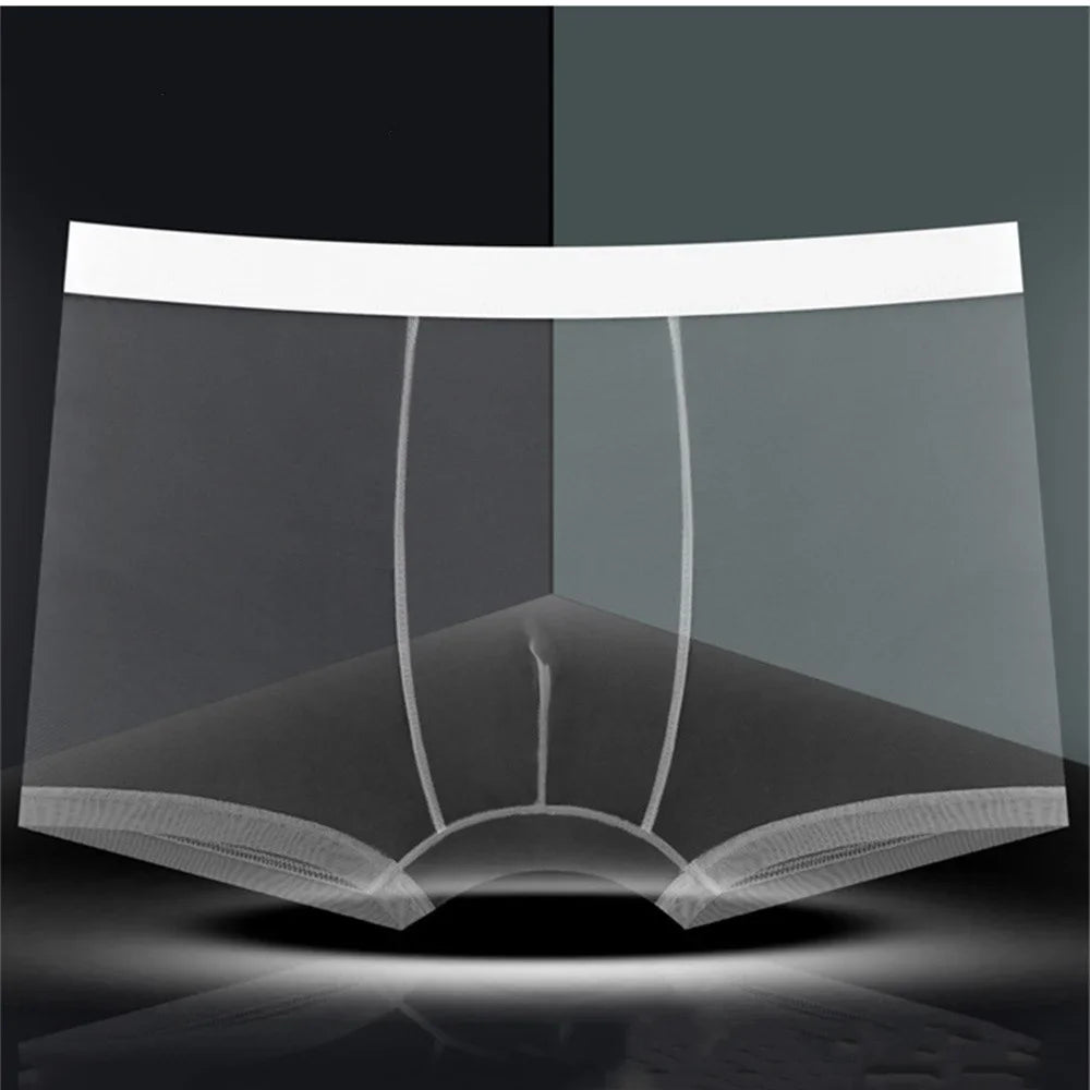 Men Transparent Boxers Bulge Ice Silk See Through Underpants Sexy Mid Waist Panties Lingerie Intimates