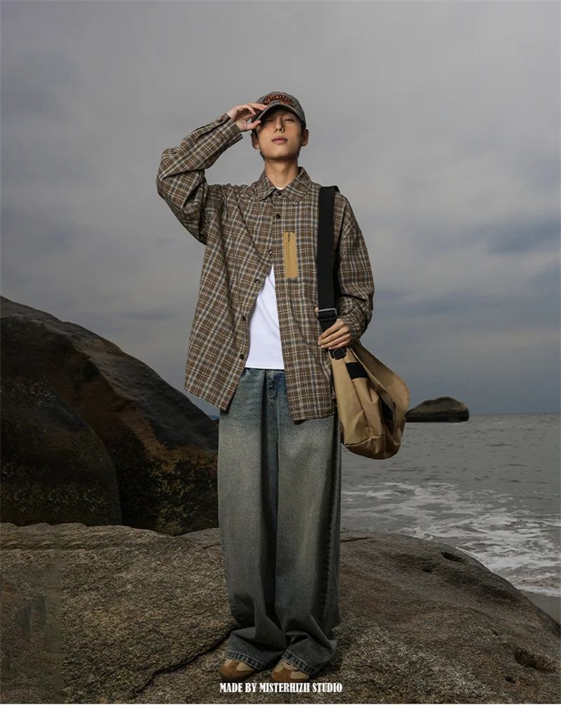 Autumn Y2K Vintage Plaid Shirts For Men Long Sleeve Button Up Blouse Korean Fashion Zip Pocket Cargo Shirt Streetwear Clothes