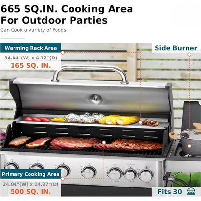 6-Burner Propane Gas Grill, Stainless Steel BBQ Grill with Side Burner and Porcelain-Enameled Cast Iron Grates