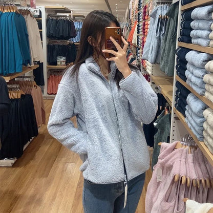 Autumn Winter Women's Long Velvet Fleece Zipper Sleeve Coat Warm Coral Fleece Jacket Full Length Outerwear Comfortable Coat