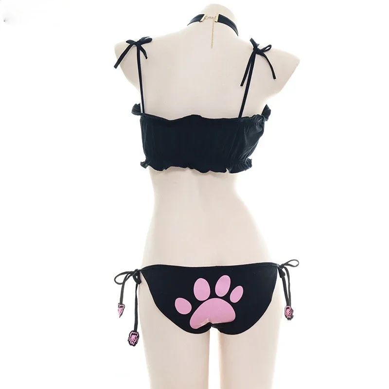Anime  Cute Cat Paw Bikini Swimsuit Costume Summer Beach  Mini Lovely Cats Bell Swimwear Uniform Cosplay Cats Hollow Bra
