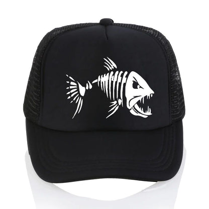 Boné de Beisebol com Ossos de Peixe Crânio Chapéu de Pesca ao Ar Livre Masculino Boné de Malha Respirável de Verão para Entusiastas da Pesca, Bonés Snapback Ajustáveis