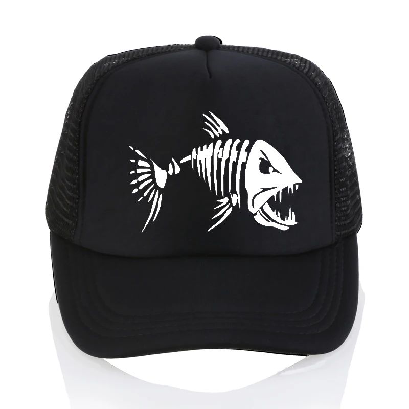 Boné de Beisebol com Ossos de Peixe Crânio Chapéu de Pesca ao Ar Livre Masculino Boné de Malha Respirável de Verão para Entusiastas da Pesca, Bonés Snapback Ajustáveis