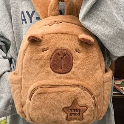 Mochila de Pelúcia Capivara Capibala para Estudantes, Mochila Casual de Pelo, Bolsa Escolar de Grande Capacidade