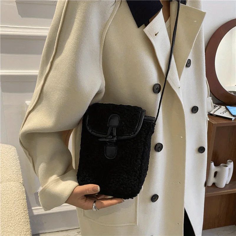 1 Pcs Women's Retro Lamb Fleece Bag Color Blocking Minimalist Mobile Phone Bag Single Shoulder Crossbody Small Bag