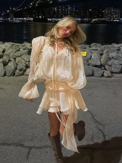 Elegant Ruffles Shiny Mini Dresses Fashion Solid Long Sleeve Lace Up V Neck Plea