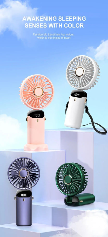 Ventilador Portátil Recarregável 5000mAh Dobrável 90° 5 Velocidades Mini Ar Condicionado Pequeno Ventilador Refrigerador de Ar com Display Digital LED