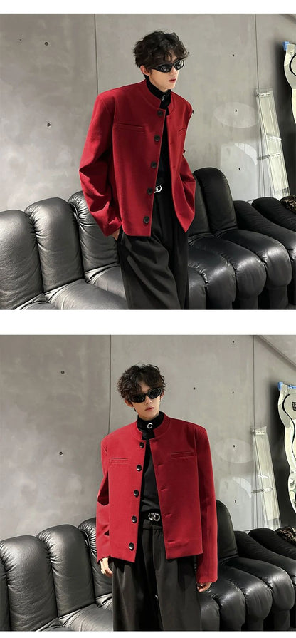 Wine Red Blazers Men Suit Jackets Casual Stand Collar Solid Color Male Short Coats Korean Trendy Men's Clothing Autumn New