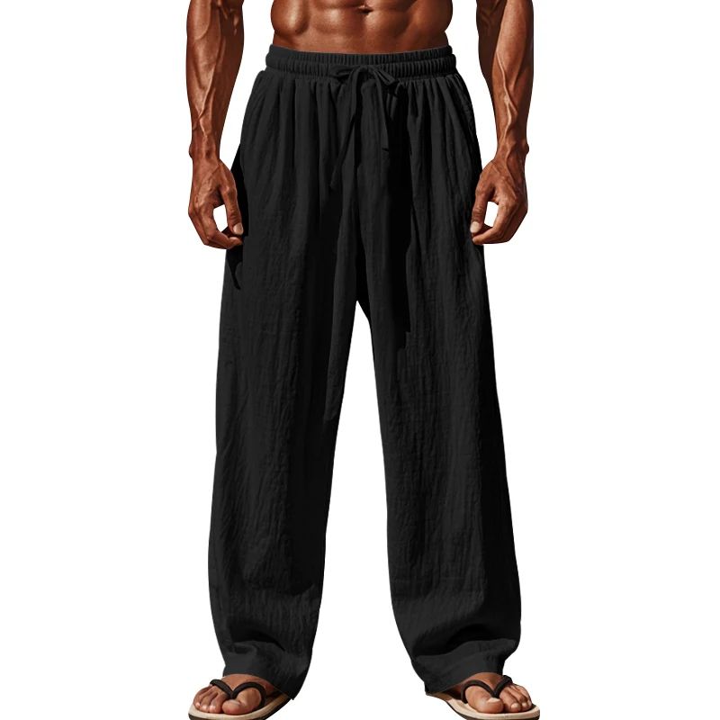 Calça Casual Masculina de Linho com Elástico na Cintura, Calça de Praia Leve com Cordão, Calça de Yoga de Verão Cor Sólida, Calça de Praia