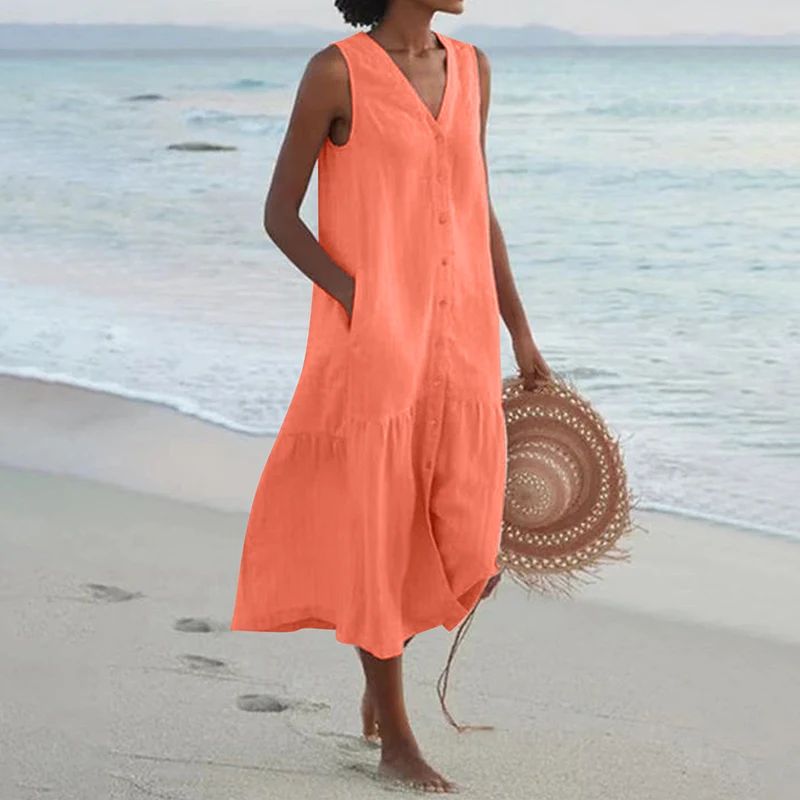 Summer Loose Casual Patchwork Cotton Linen Pocktes Dress V Neck Beach Style Dres
