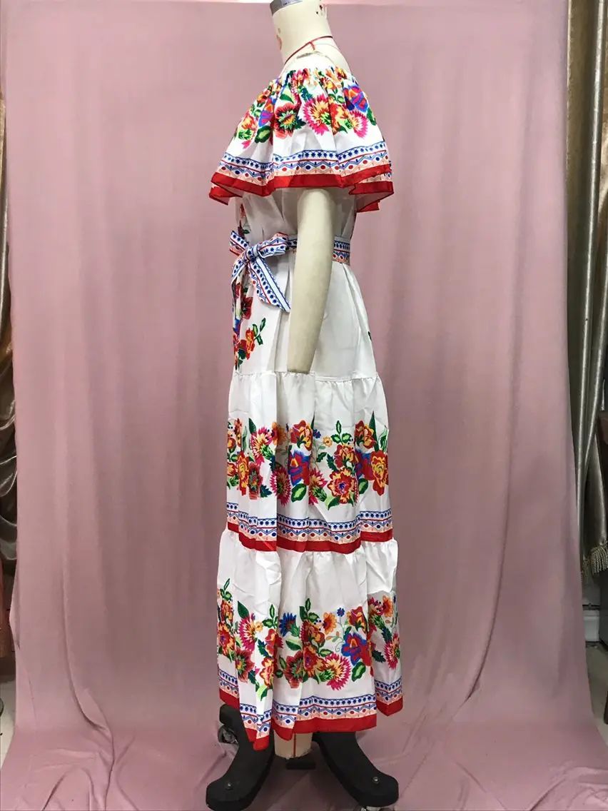 2024 Spring Summer New Independent Stand Amazon Off-shoulder Red Flower Printing Long Dress Oversized Wide Hemline Sleeveless