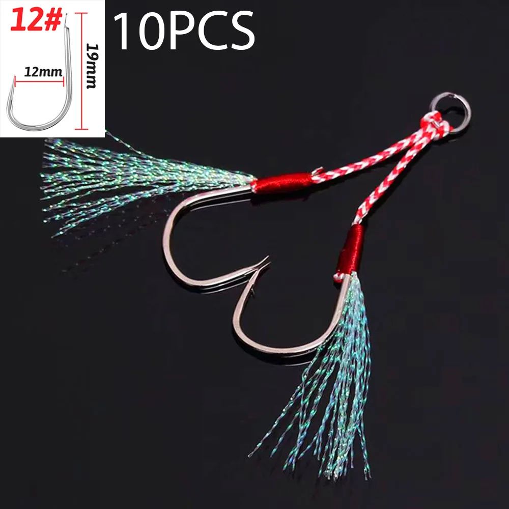 10 pçs/Lote Anzol Auxiliar Cast Jig Aço Carbono Ângulo Farpa Rosca Pena Isca Pesca Lento Jigging Mar Pesca Anzol