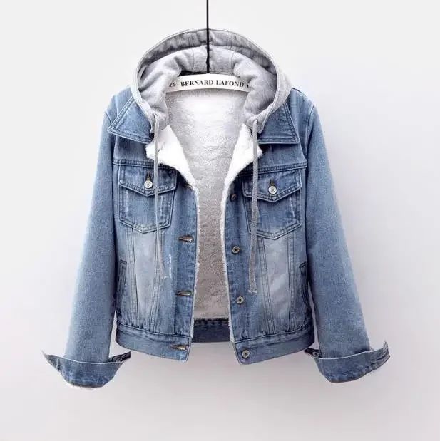 Women Denim Coat Hooded Single Breasted Button Jackets Hooded Patchwork Outerwear Cardigan Solid Pockets Streetwear Warm