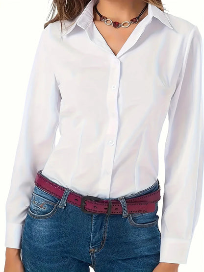 Solid Button Front Shirt, Elegant Long Sleeve Lapel Shirt for Spring Fall Fashion Women's Clothing Basic Blouses OL Womens Tops