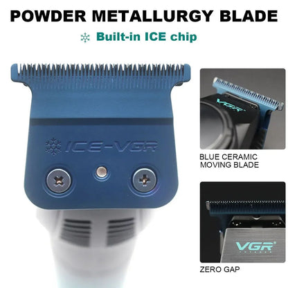 VGR V-946 Ice Tech Barber Trimmer Machine DLC T Blade Zero Gap 8000RPM Brushless Metal Blue Ceramic Clipper For Haircut Barber