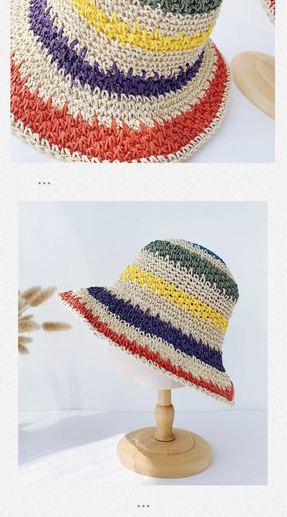 Rainbow Straw Hat Woman Summer Sun Visor Handmade Crochet Big Brim Bucket Hat Ladies Beach Sun Cap Boho Lady Girls Fashion Caps