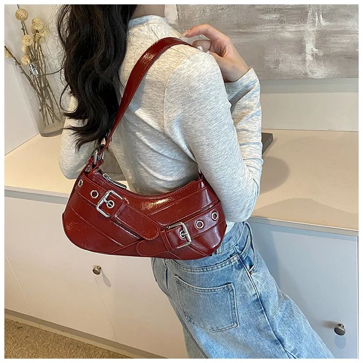 Red Vintage Shoulder Bag Y2K Belt Design PU Leather Underarm Bags for Women Trend Hot Cool Girl Crossbody Bag Punk Style Handbag