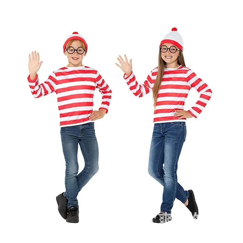 Wheres Waldo Striped Shirt Youth Boys Wally Costume Shirt Glasses and Hat Socks Unisex Adults Carnival Cosplay Costume