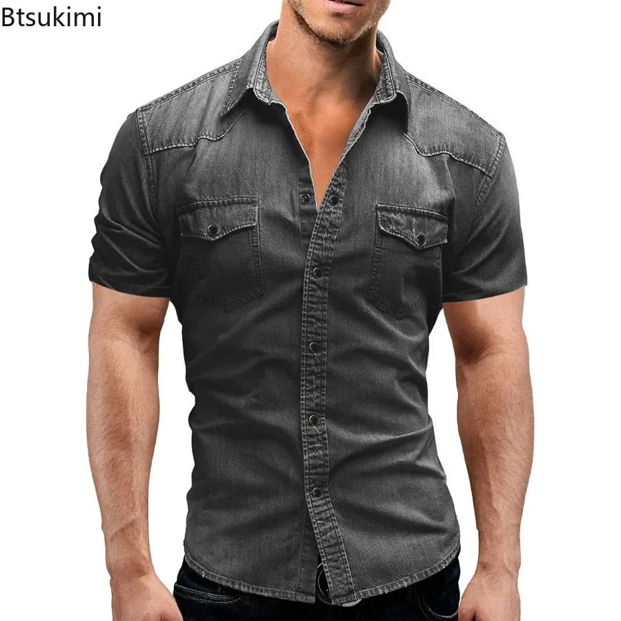 New 2025 Men's Denim Shirt Fashion Short Sleeve Soft Solid Slim Cowboy Tops Men Trend Streetwear Vintage Casual Cardigan T-shirt