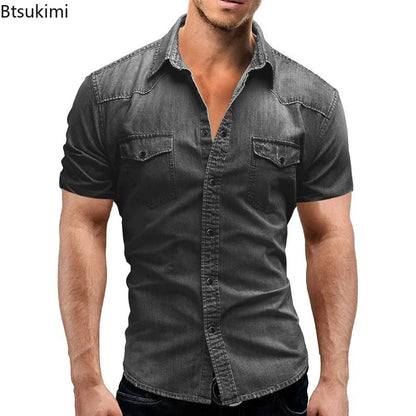 New 2025 Men's Denim Shirt Fashion Short Sleeve Soft Solid Slim Cowboy Tops Men Trend Streetwear Vintage Casual Cardigan T-shirt
