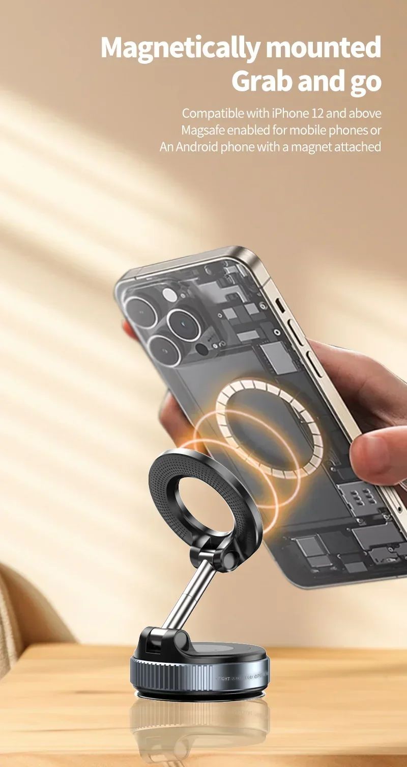 Suporte magnético forte para telefone Xiaomi, design dobrável, suporte automotivo a vácuo ajustável em 360° para celular para transmissão ao vivo em iPhone