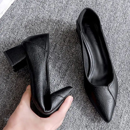 Black Chunky Heeled Women Shoes Square Heel Leather Shoes Pumps Zapatos De Mujer Fashion Designer Office Ladies