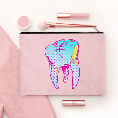 2024 Cute Teeth Cartoon White Zipper Makeup Bag Dental Clinic Storage Bag Women's Single Party Minimalist Decorative Handbag